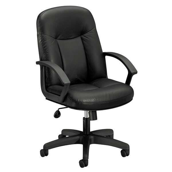A HON black leather high-back office chair with wheels.
