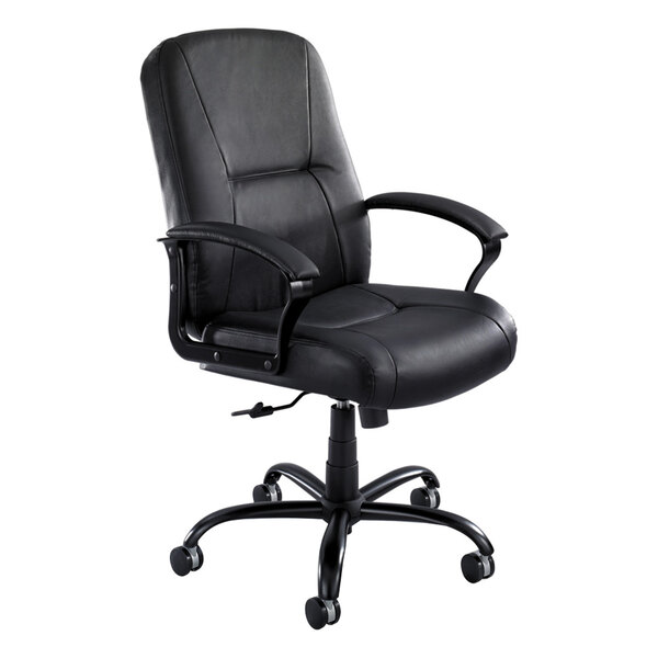 A Safco Serenity Big and Tall black leather office chair with wheels and arms.