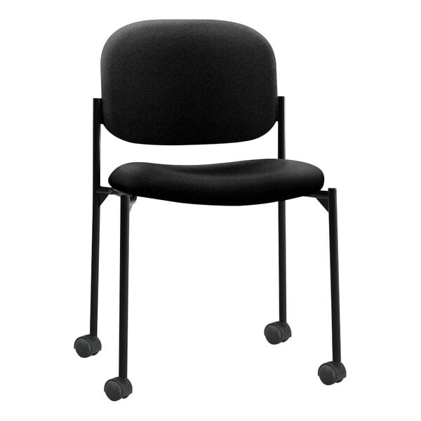 A black HON Scatter stackable guest chair with wheels.