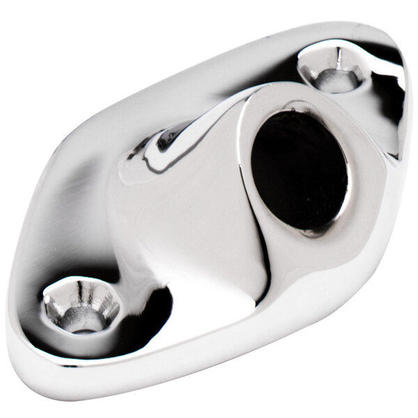 A chrome plated metal T&S angle guide bushing with holes.