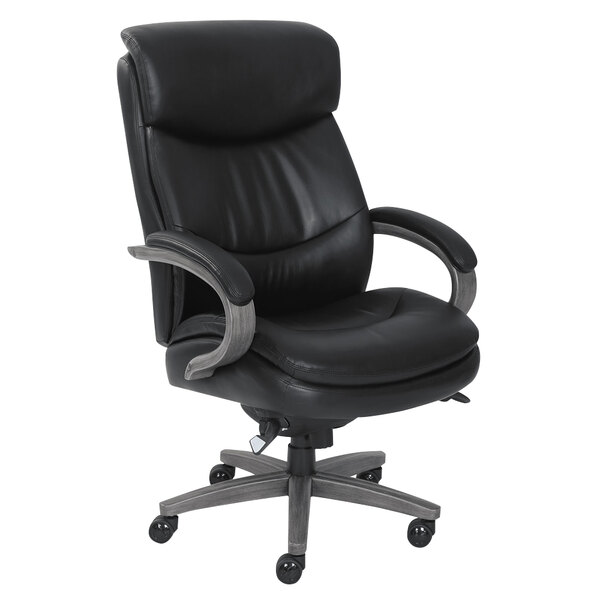 A La-Z-Boy black leather office chair with wheels.