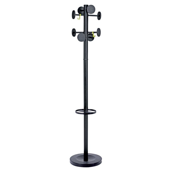 A black steel Alba coat rack pole with umbrella holder.