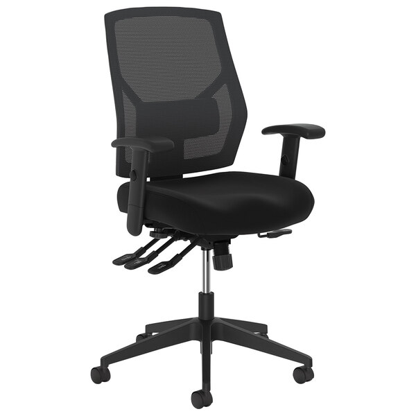 A black HON Crio office chair with mesh back and arms.