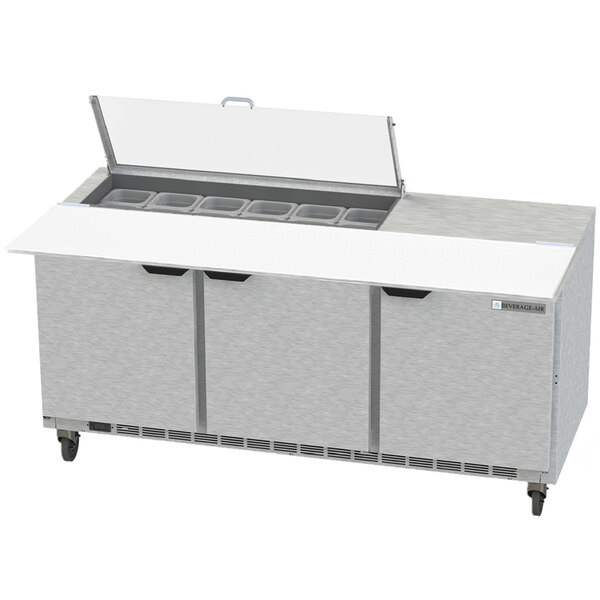 Beverage-Air SPE72HC-12C-CL Elite 72" 3 Door Refrigerated Sandwich Prep Table with 17" Deep Cutting Board and Clear Lid