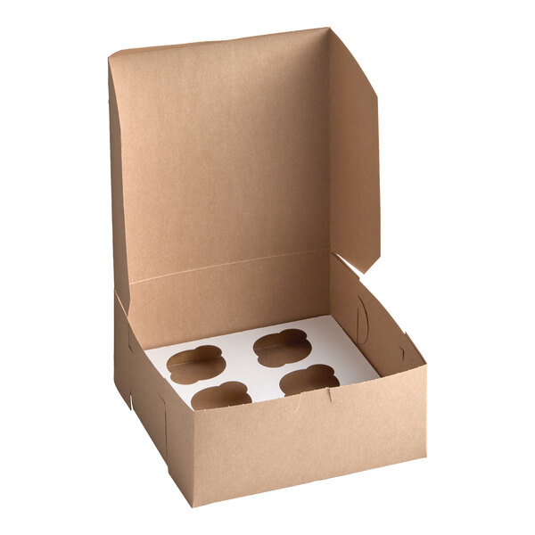 A kraft cupcake or muffin box with a six-slot reversible insert and an open lid.