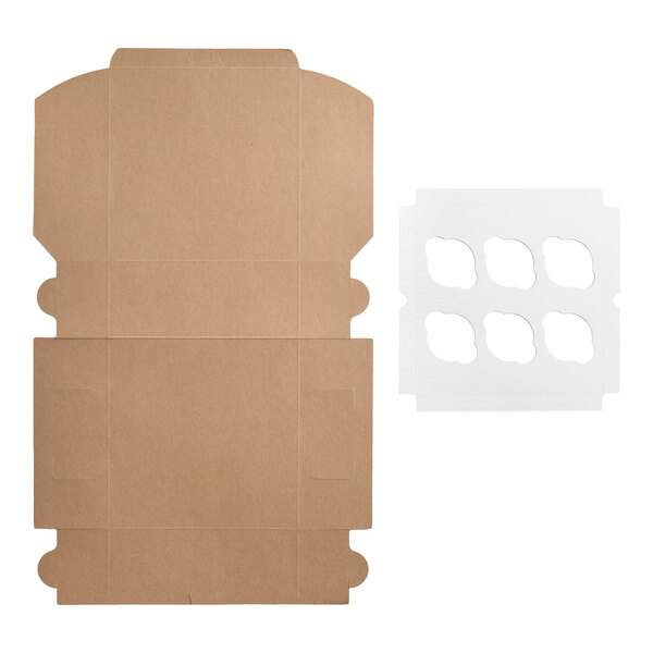 A flat kraft cupcake or muffin box with a separate white insert featuring six slots for holding cupcakes or muffins.
