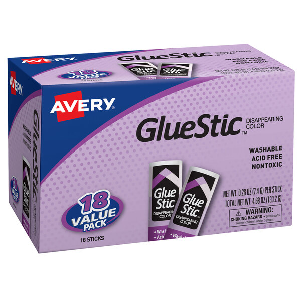 A box of 18 Avery purple GlueSticks.
