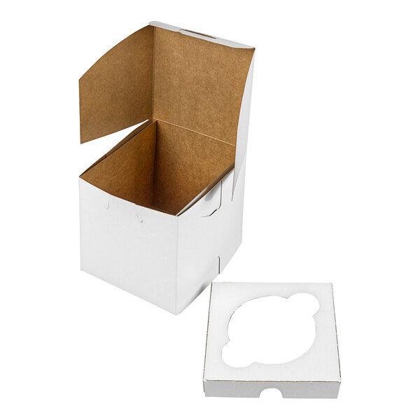 A white jumbo cupcake or muffin box with an open lid and a separate reversible insert featuring one slot.