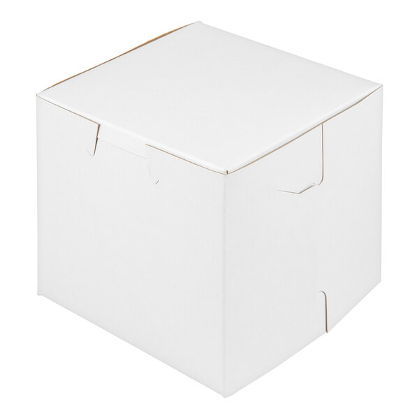 A white, square cupcake or muffin box with a fitted lid and slot insert.