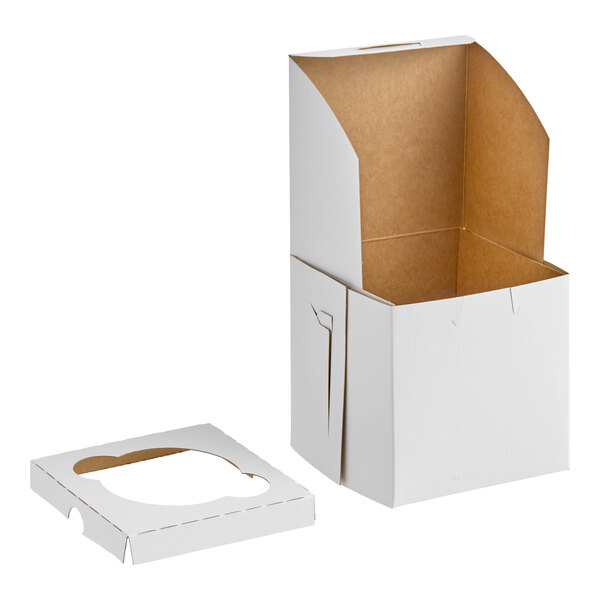 A white cardboard box with an open lid and a separate insert featuring a single circular slot, designed for holding a jumbo cupcake or muffin.