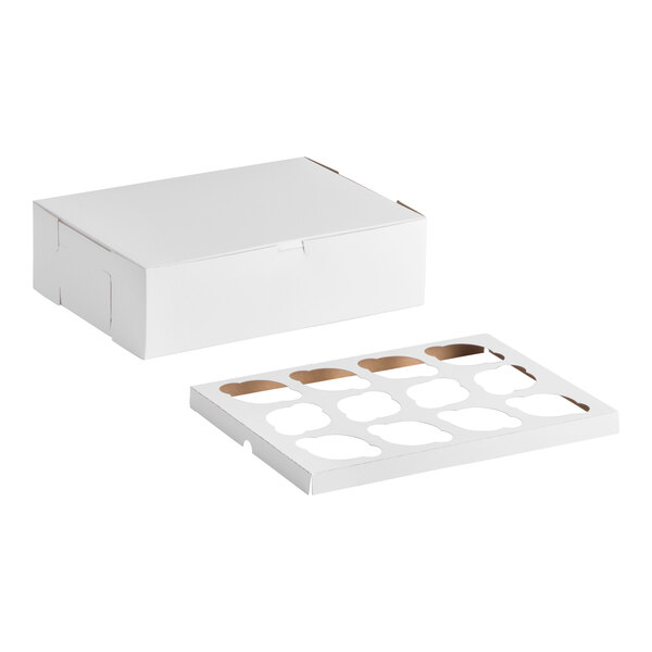 A white cupcake or muffin box with a separate 12-slot reversible insert for holding baked goods.