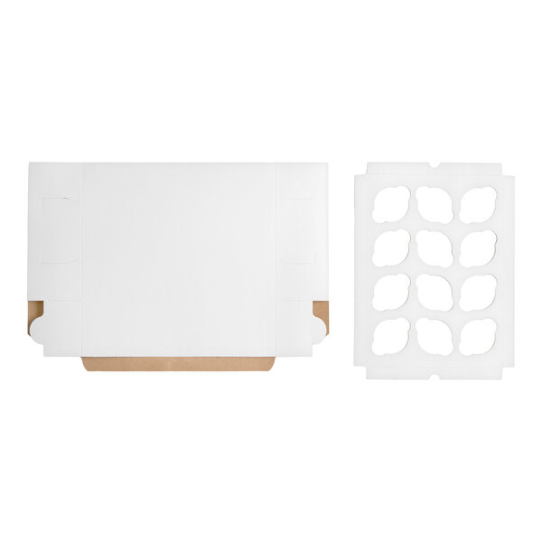 A white cupcake or muffin box with a 12-slot reversible insert, shown flat and unassembled.