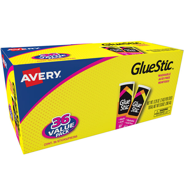A yellow and blue box of Avery GlueStic with yellow labels on the tubes.