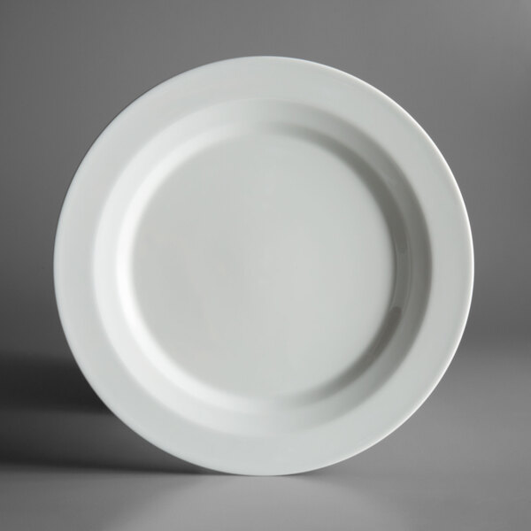A Schonwald bone white porcelain plate with a small round rim on a gray background.