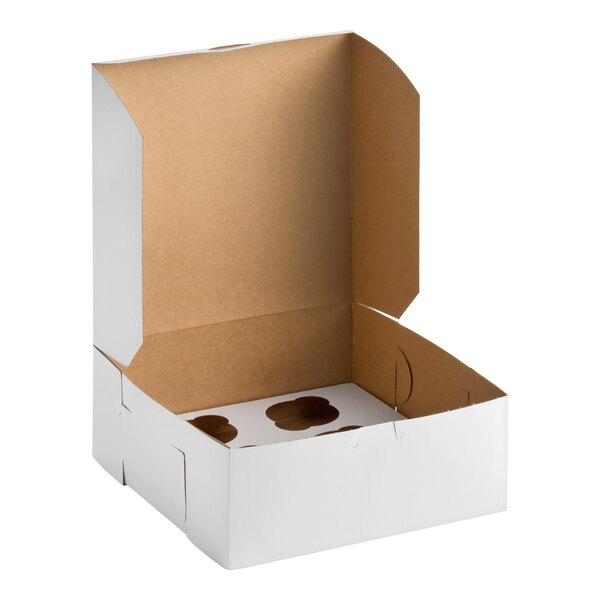 A white cardboard cupcake or muffin box with a 6-slot reversible insert and an open lid.
