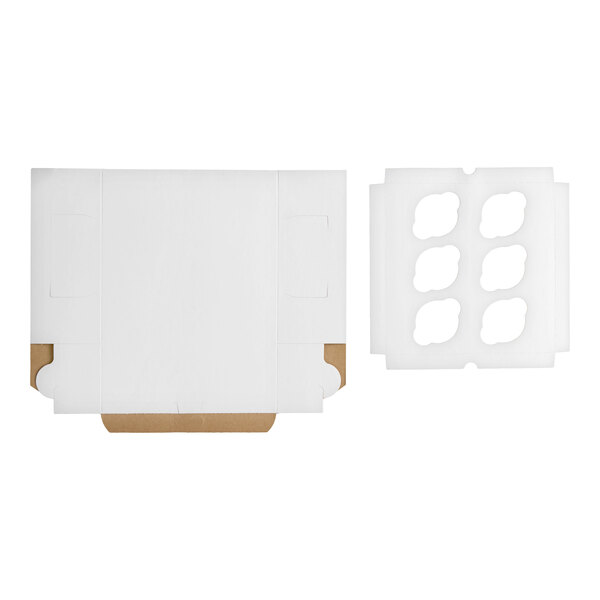 A white cardboard cupcake or muffin box with a six-slot reversible insert, shown flat and unassembled.