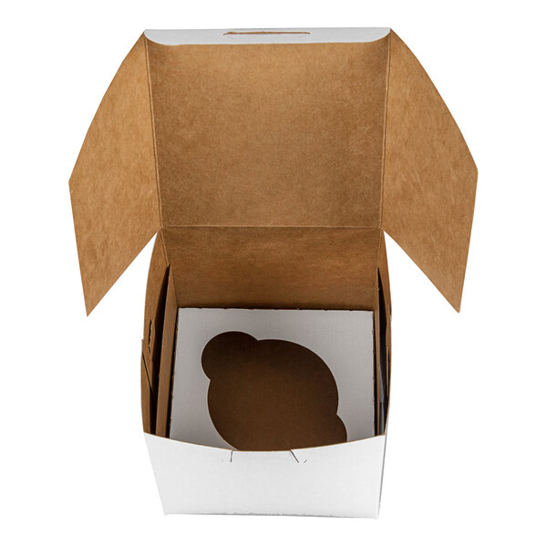 A white cardboard cupcake or muffin box with a single slot reversible insert, shown open and empty.