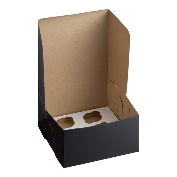 A black cupcake or muffin box with a reversible insert featuring six slots for holding baked goods.