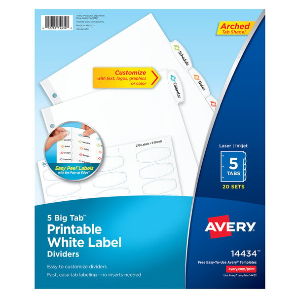 A package of 20 white Avery® Big Tab 5-tab dividers with white labels.
