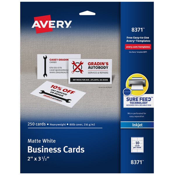 A package of 250 Avery Matte White Two-Sided Business Cards with perforated edges.
