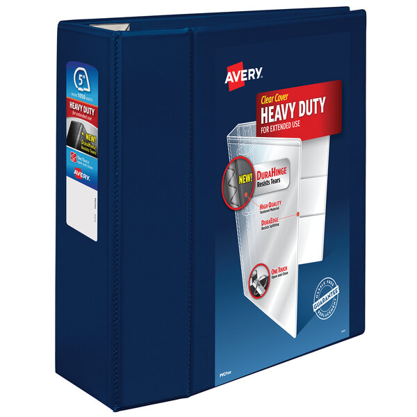 A navy blue Avery Heavy-Duty View Binder with a product label on the cover.