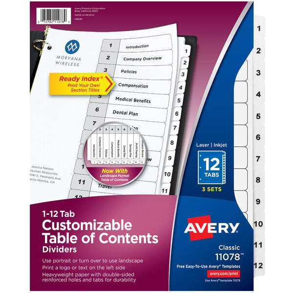 A close-up of a blue and white Avery® customizable table of contents divider set.