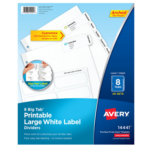A package of Avery White Large Paper Printable Label Dividers with 8 white labels.