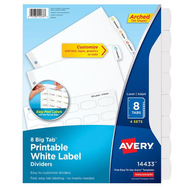 A package of white Avery label dividers with a blue and white label.