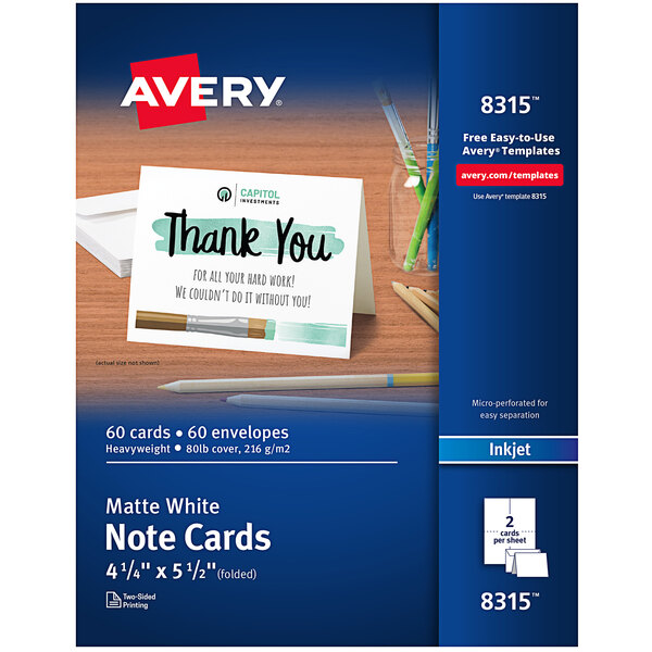 A package of Avery white two-sided note cards and envelopes.