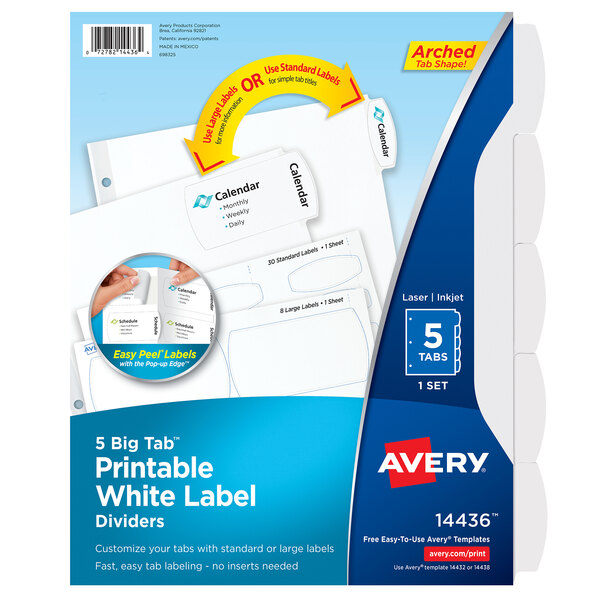 A package of Avery Big Tab white paper label dividers with blue and white text.