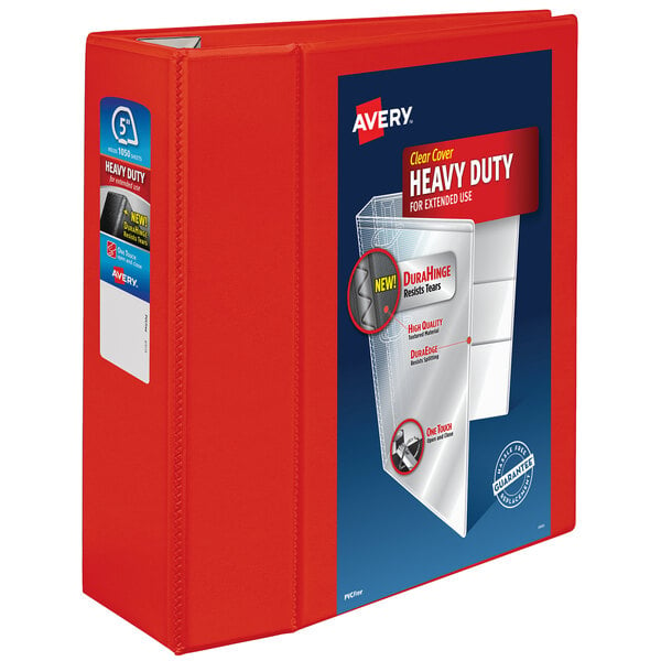 An Avery red heavy-duty view binder with 5" locking One Touch EZD rings and a label on it.