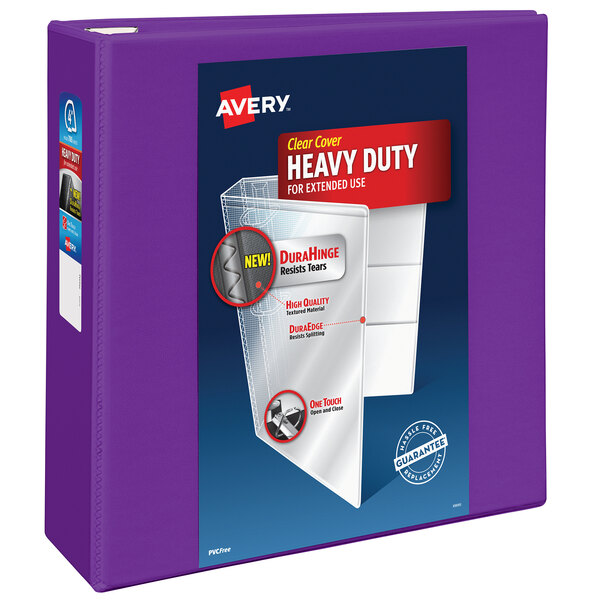 An Avery purple heavy-duty binder with a logo on the cover.