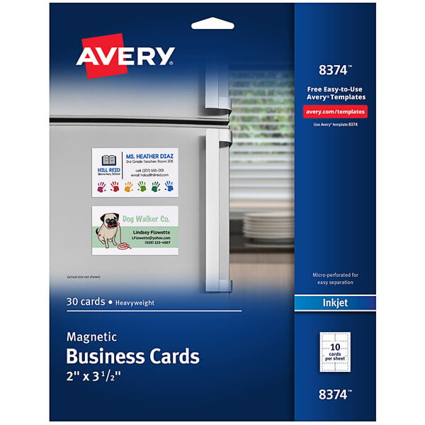 A blue and white package of Avery® magnetic business cards on a counter.