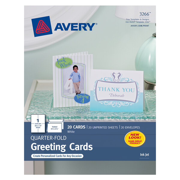 A package of Avery quarter-fold greeting cards with a blue square and red triangle logo.