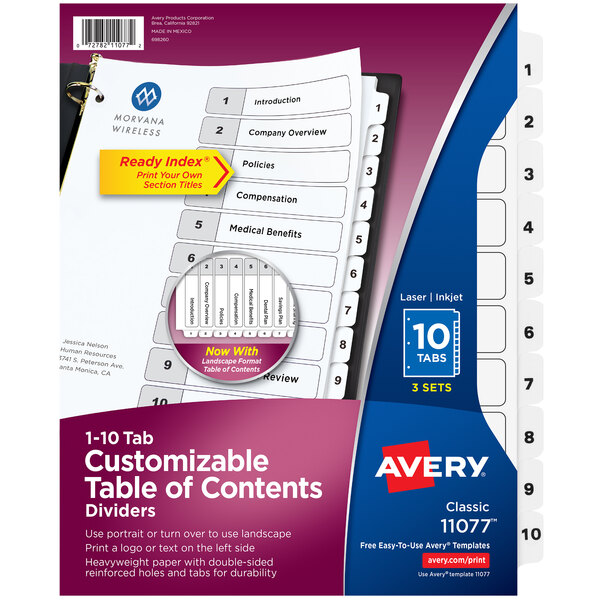 10-Tab 3 Sets 11077 Avery Ready Index Table of Contents Dividers 