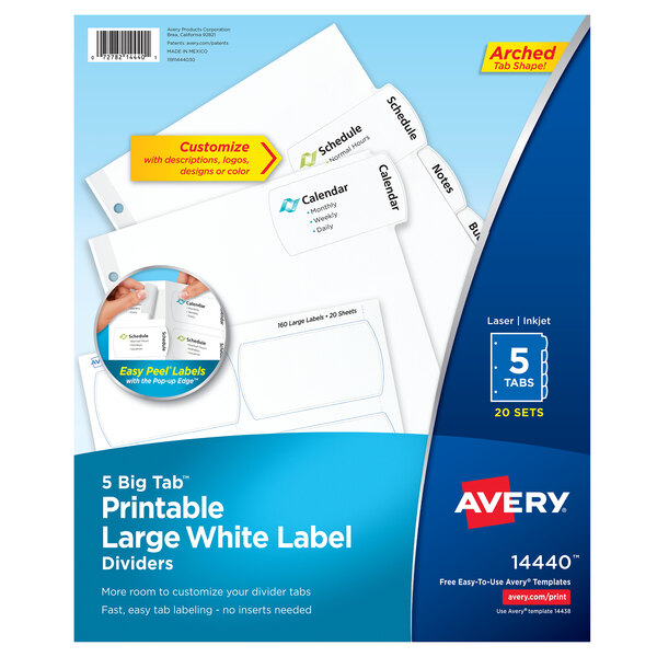 A package of 20 Avery white paper label dividers with blue text on the labels.
