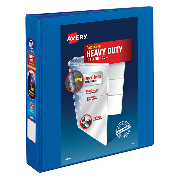 An Avery heavy-duty Pacific blue binder with clear cover.