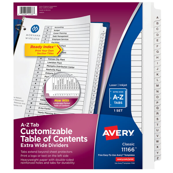 A package of Avery® customizable A-Z tabbed dividers with a white and black label.