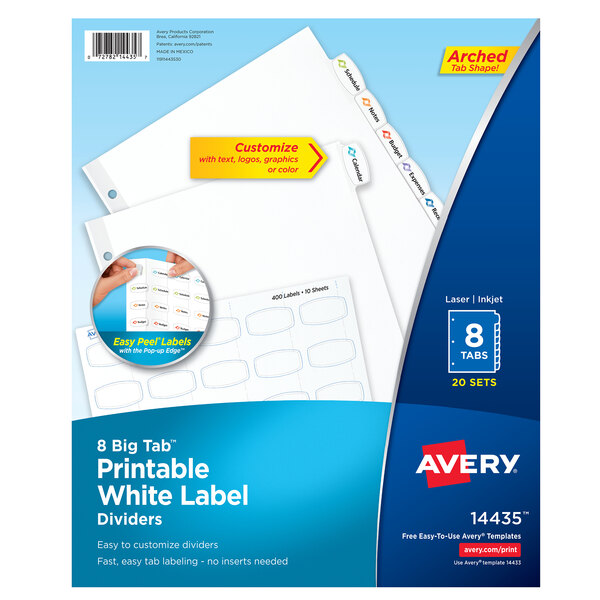 A package of Avery White Big Tab Label Dividers with 8 white labels.