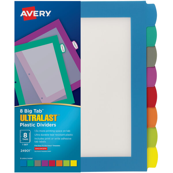 A white rectangular box with Avery Ultralast colorful plastic tab dividers.