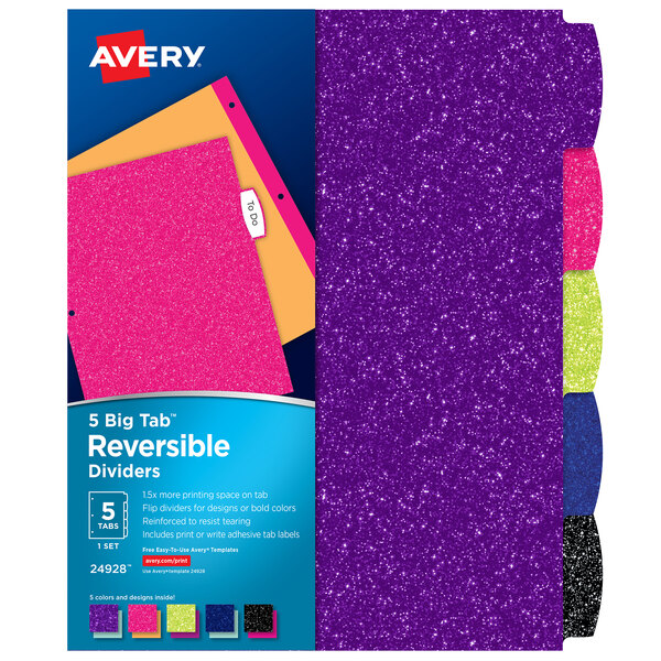 A package of Avery multicolor glitter binder dividers with blue, pink, purple, and green tabs.