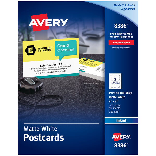 A blue and white box of Avery Matte White Printable Two-Sided Postcards.