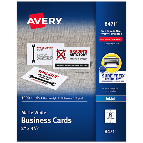 A blue and white package of Avery Matte White Micro Perforated Two-Sided Business Cards with a yellow and blue Avery label.