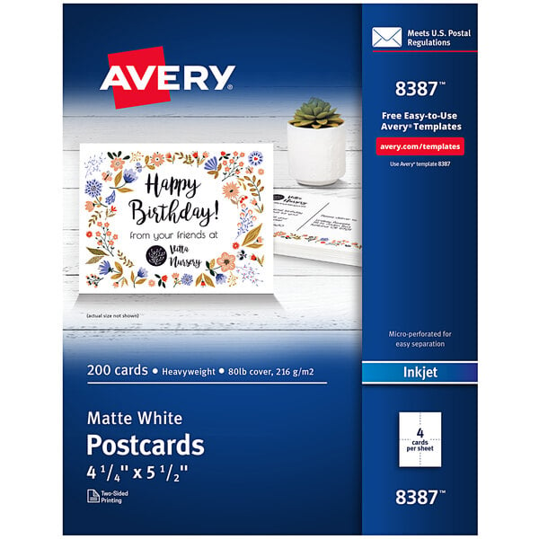 A stack of Avery matte white postcards with blue and white flowers on them.
