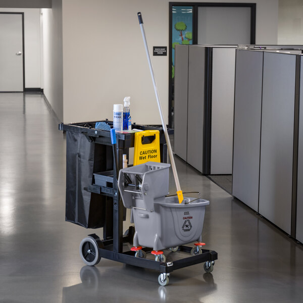 Lavex Black Cleaning / Janitor Cart Kit with Gray Mop Bucket, Wet Floor