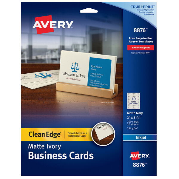 A box of Avery matte ivory clean edge business cards with white edges.