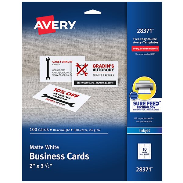 A package of 100 matte white Avery 2" x 3 1/2" business cards.
