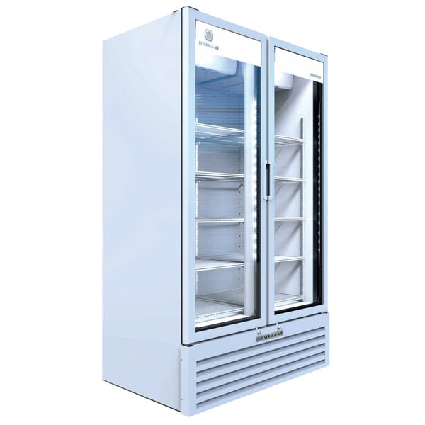 A Beverage-Air white glass door refrigerator with two shelves.