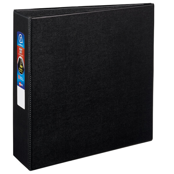 A black Avery heavy-duty binder with a label on the spine.