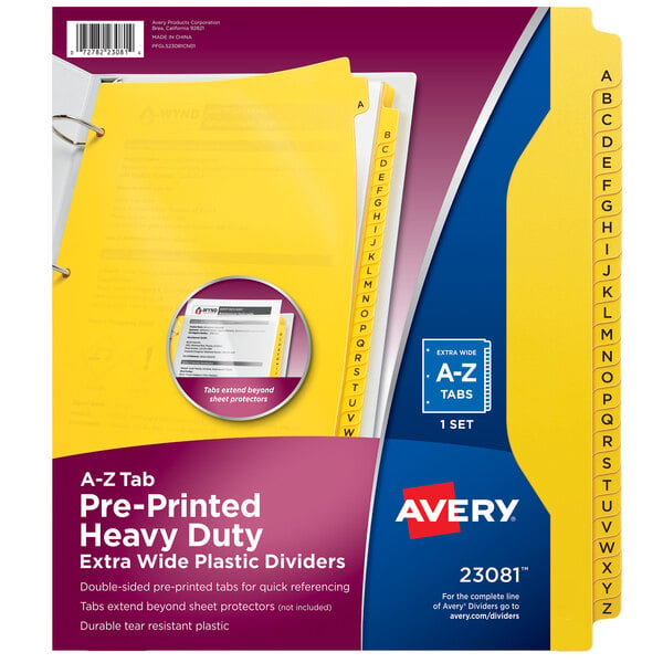 A yellow and blue box of Avery® Heavy-Duty A-Z Plastic Dividers with yellow tabs and black letters.